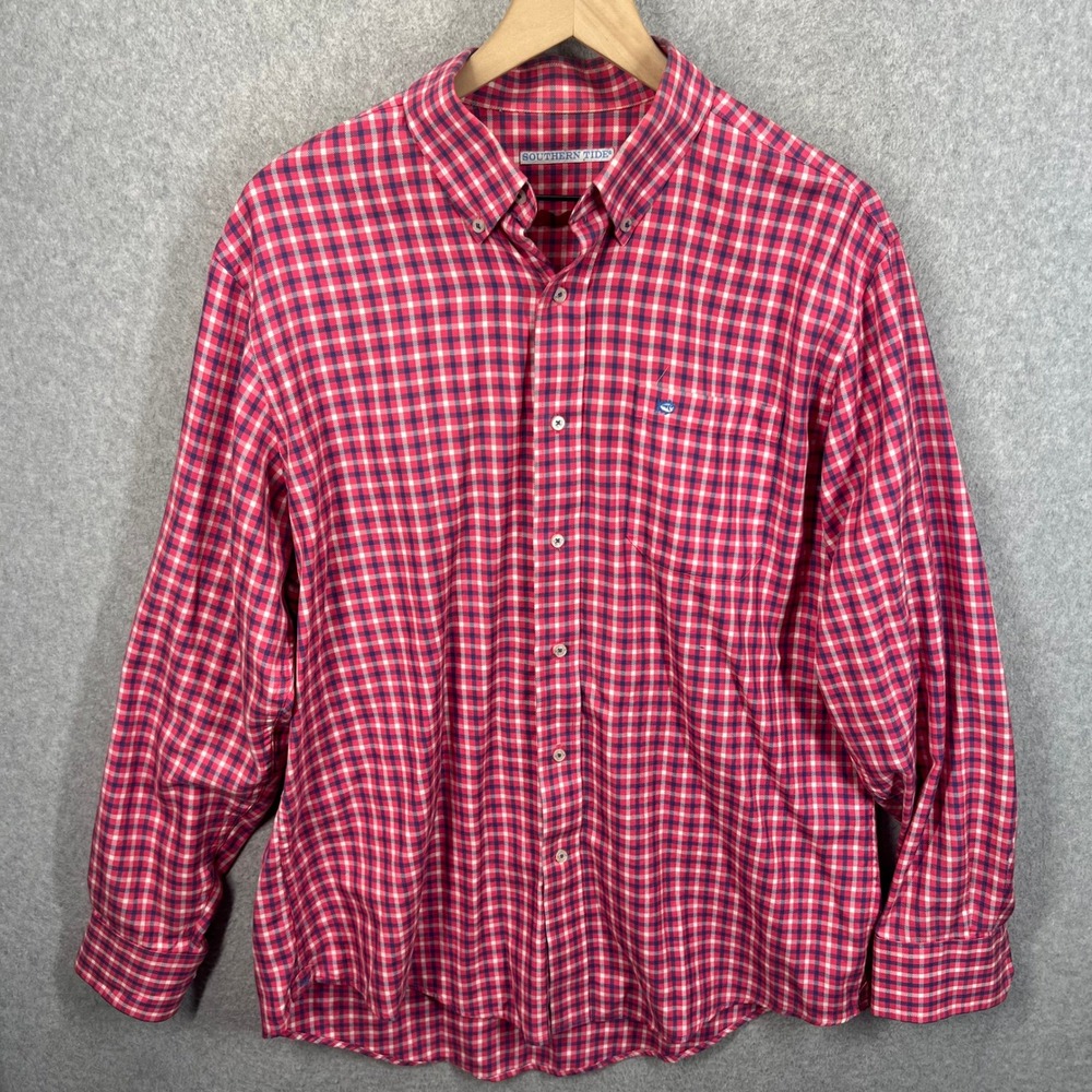 Southern Tide Button Down Shirt Mens‎ L Pink Blue Plaid Long Sleeve Pocket EUC